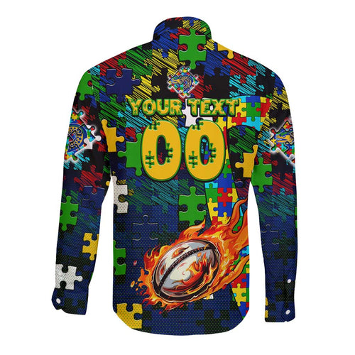 Eels Autism Awareness Long Sleeve Button Shirt Puzzle Flames Rugby Ball