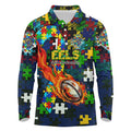 Eels Autism Awareness Long Sleeve Polo Shirt Puzzle Flames Rugby Ball