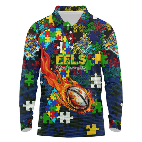 Eels Autism Awareness Long Sleeve Polo Shirt Puzzle Flames Rugby Ball