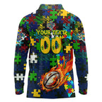 Eels Autism Awareness Long Sleeve Polo Shirt Puzzle Flames Rugby Ball