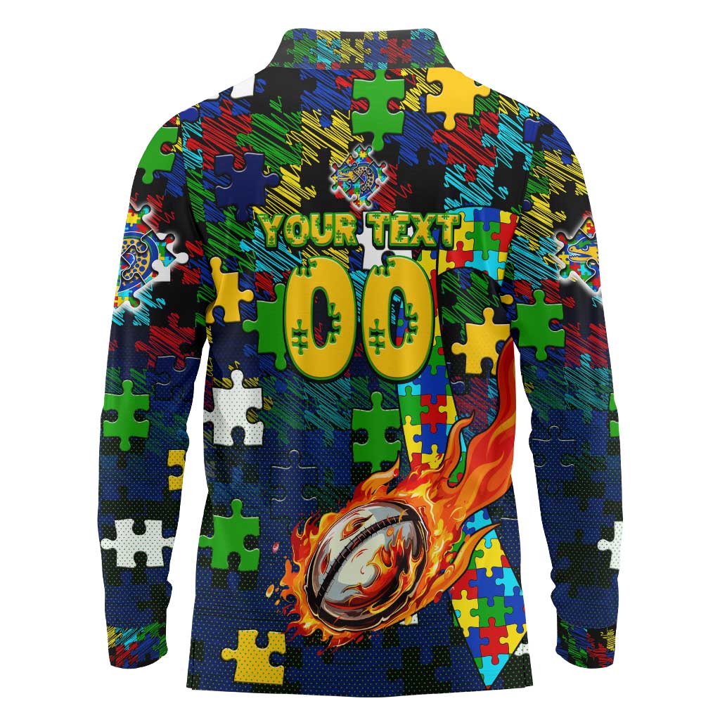 Eels Autism Awareness Long Sleeve Polo Shirt Puzzle Flames Rugby Ball