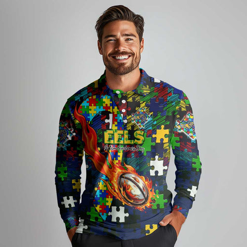 Eels Autism Awareness Long Sleeve Polo Shirt Puzzle Flames Rugby Ball