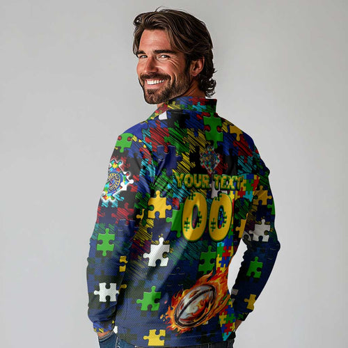 Eels Autism Awareness Long Sleeve Polo Shirt Puzzle Flames Rugby Ball