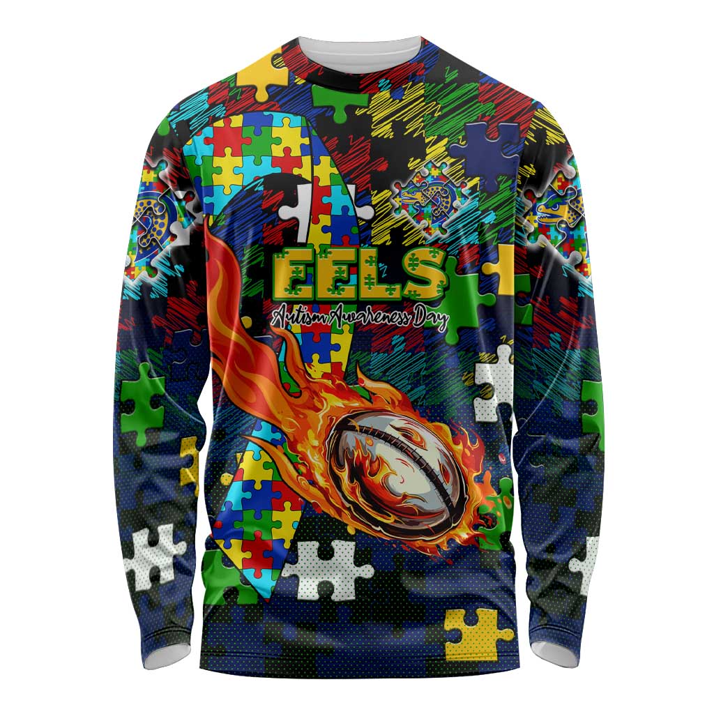 Eels Autism Awareness Long Sleeve Shirt Puzzle Flames Rugby Ball