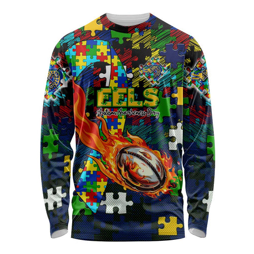 Eels Autism Awareness Long Sleeve Shirt Puzzle Flames Rugby Ball