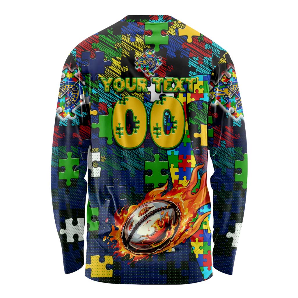 Eels Autism Awareness Long Sleeve Shirt Puzzle Flames Rugby Ball