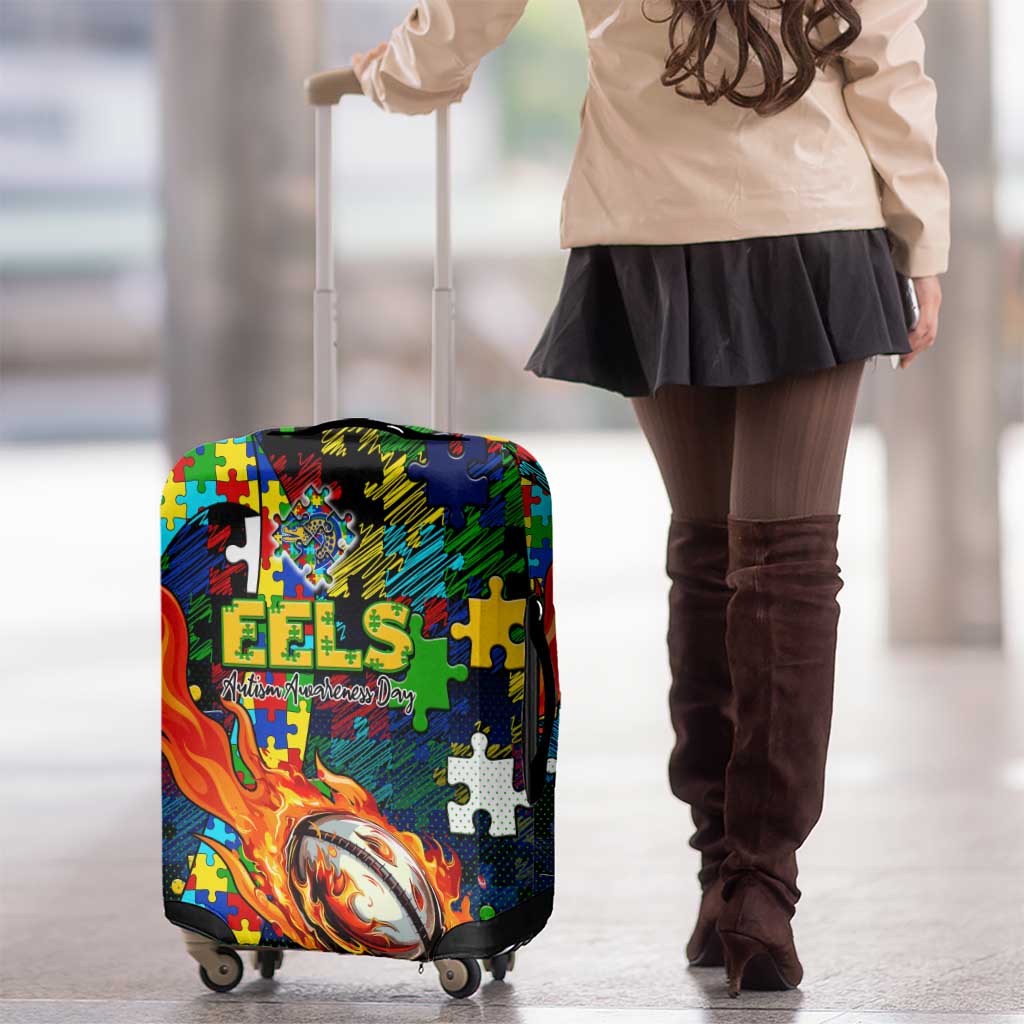 Eels Autism Awareness Luggage Cover Puzzle Flames Rugby Ball