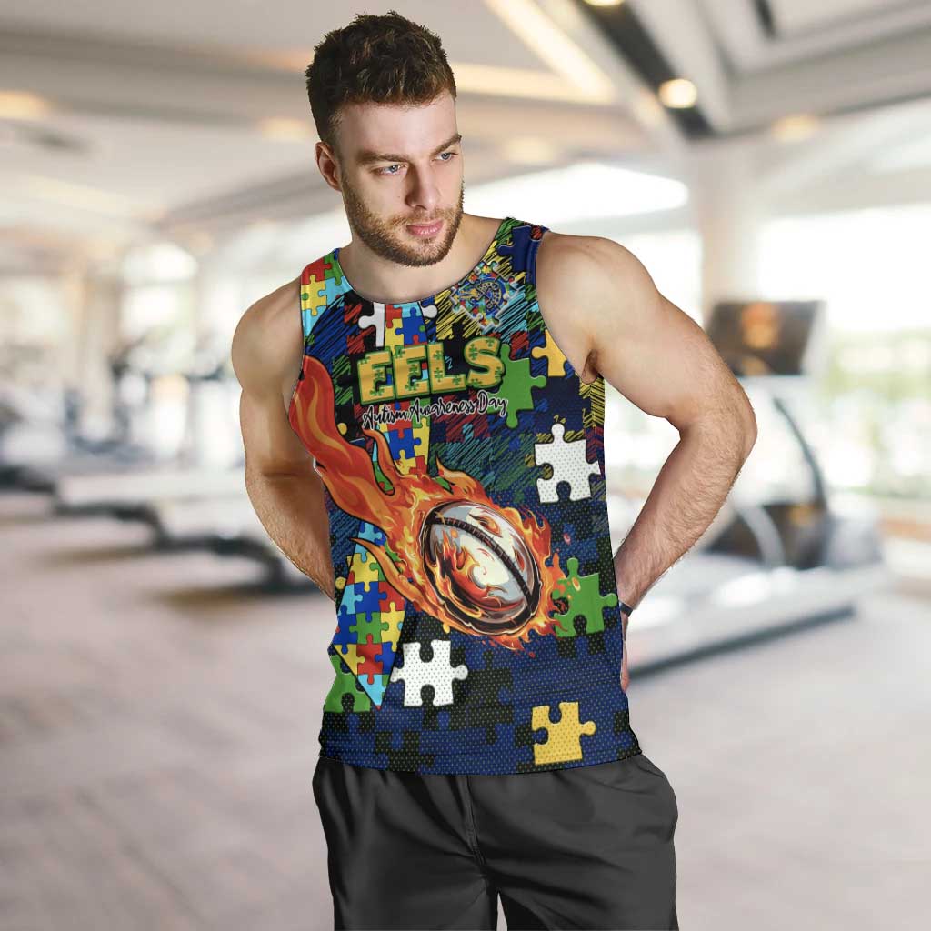 Eels Autism Awareness Men Tank Top Puzzle Flames Rugby Ball