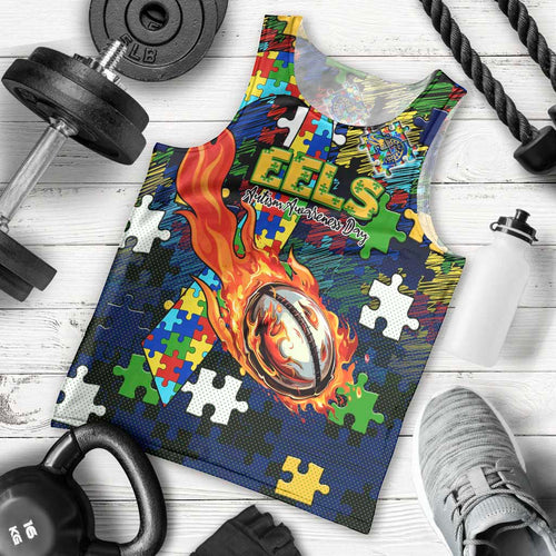 Eels Autism Awareness Men Tank Top Puzzle Flames Rugby Ball