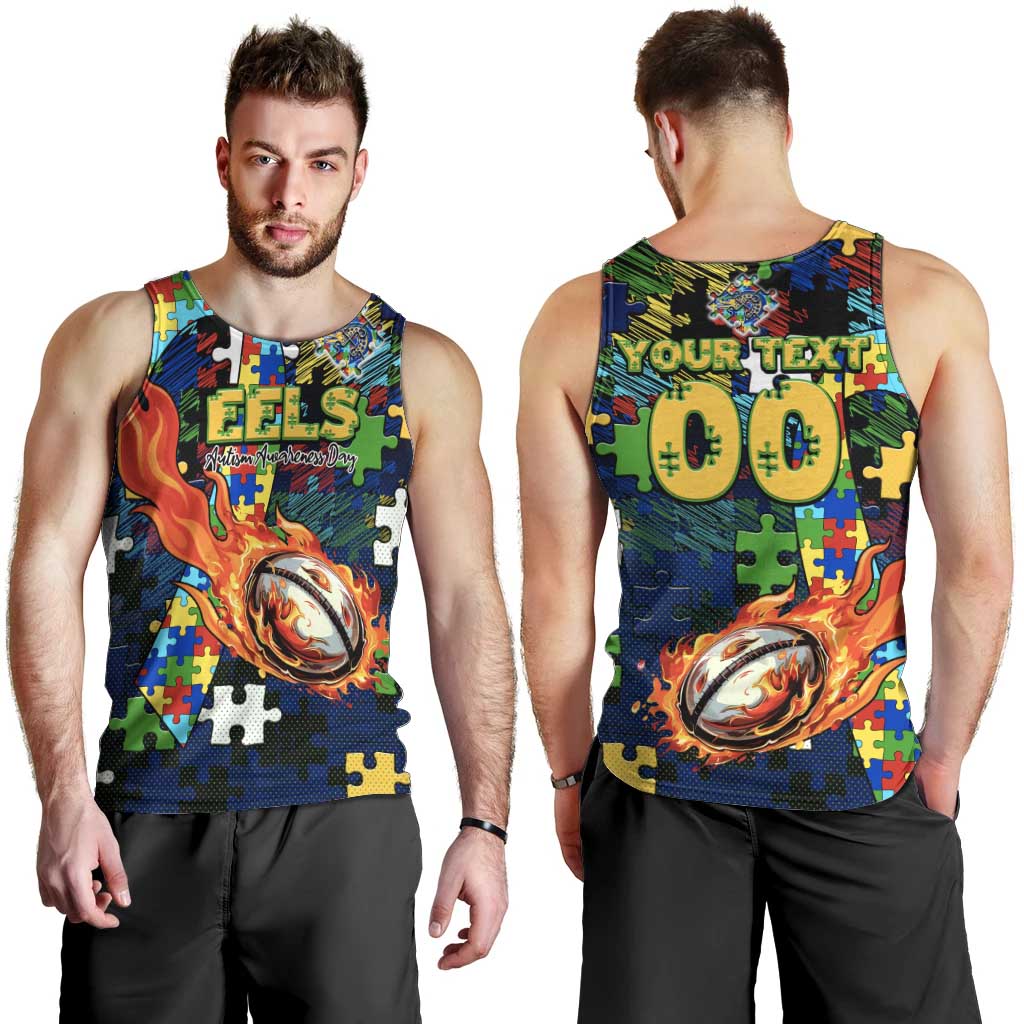 Eels Autism Awareness Men Tank Top Puzzle Flames Rugby Ball
