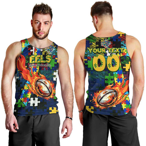 Eels Autism Awareness Men Tank Top Puzzle Flames Rugby Ball