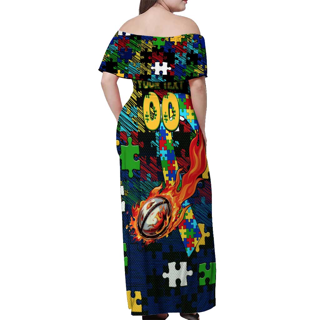Eels Autism Awareness Off Shoulder Maxi Dress Puzzle Flames Rugby Ball