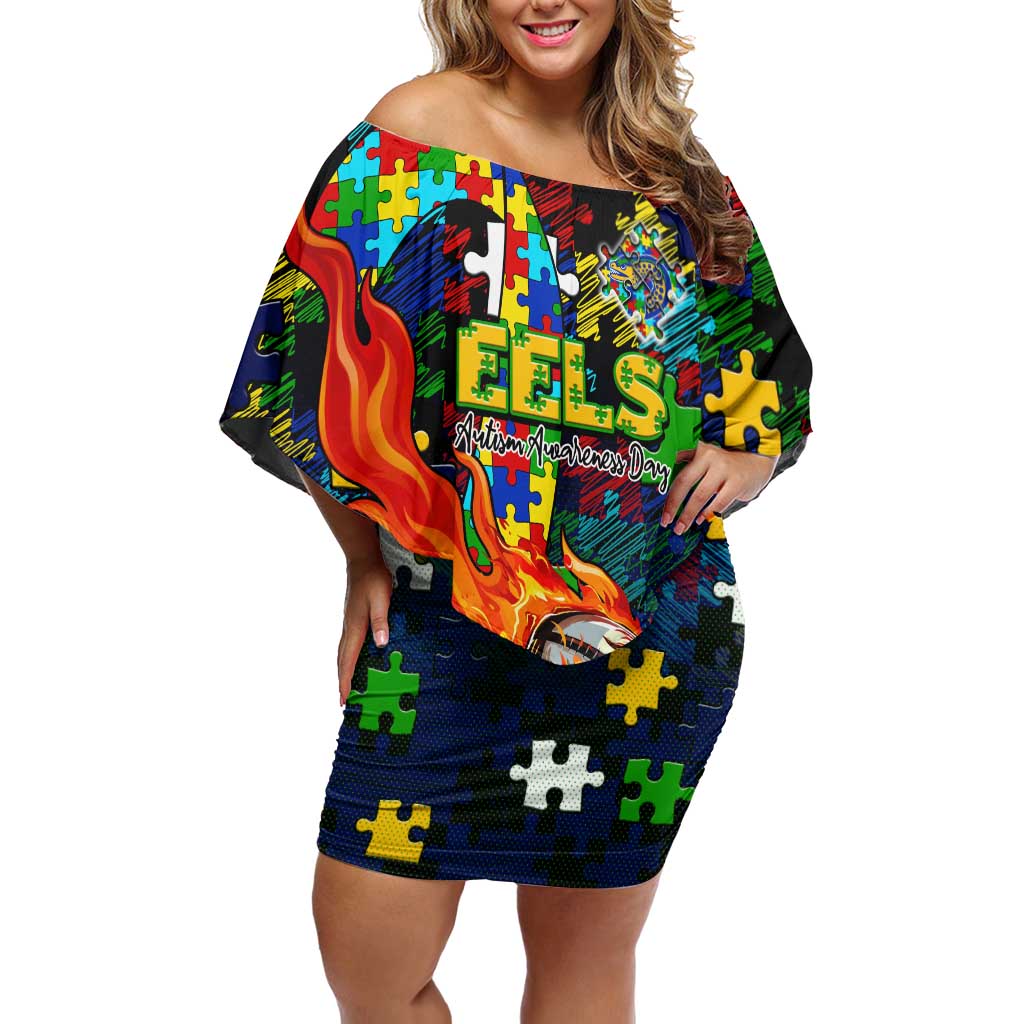 Eels Autism Awareness Off Shoulder Short Dress Puzzle Flames Rugby Ball