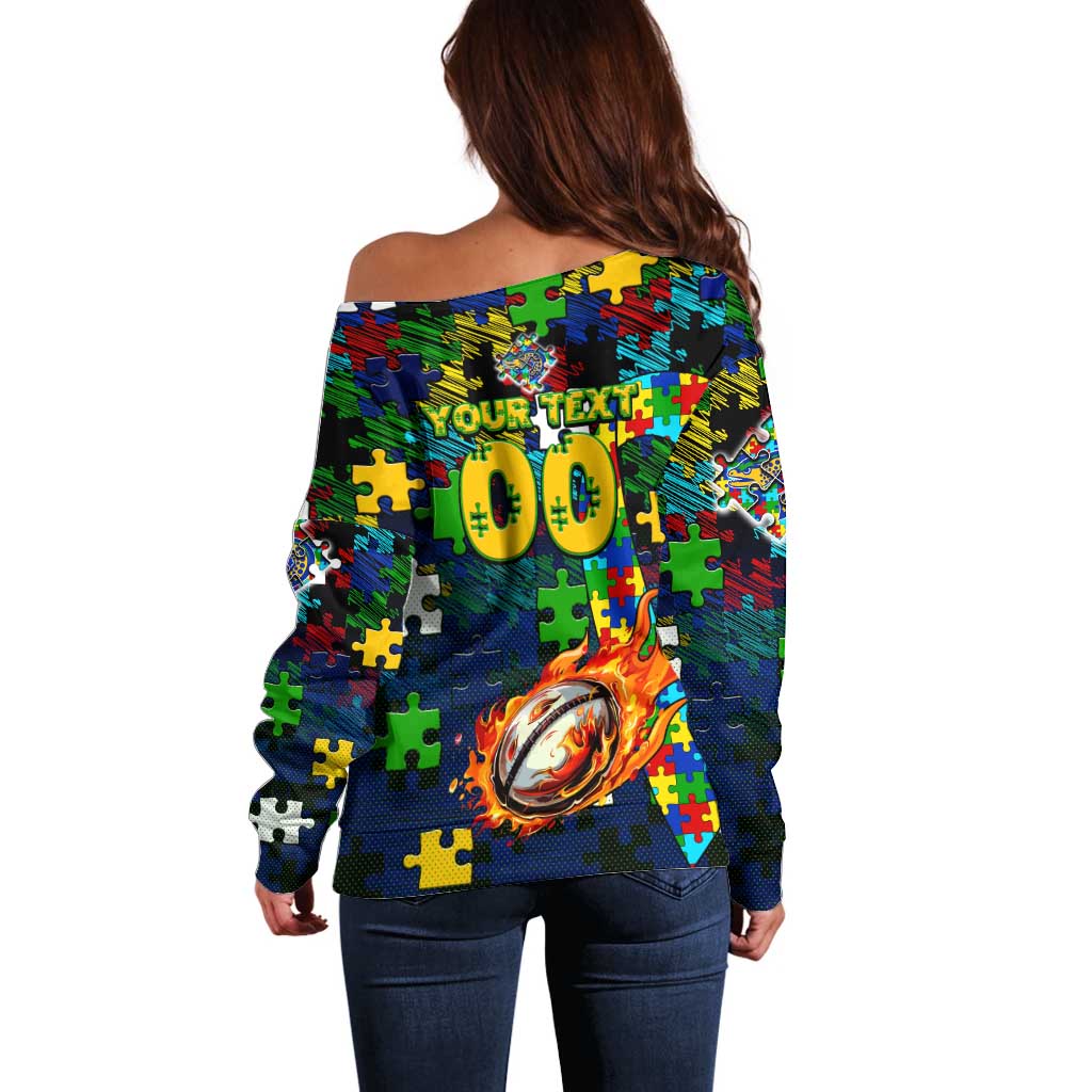 Eels Autism Awareness Off Shoulder Sweater Puzzle Flames Rugby Ball