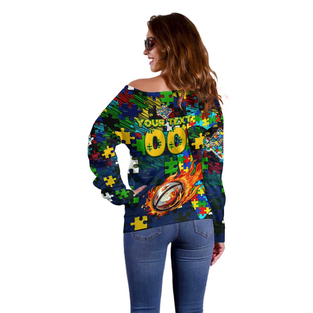 Eels Autism Awareness Off Shoulder Sweater Puzzle Flames Rugby Ball