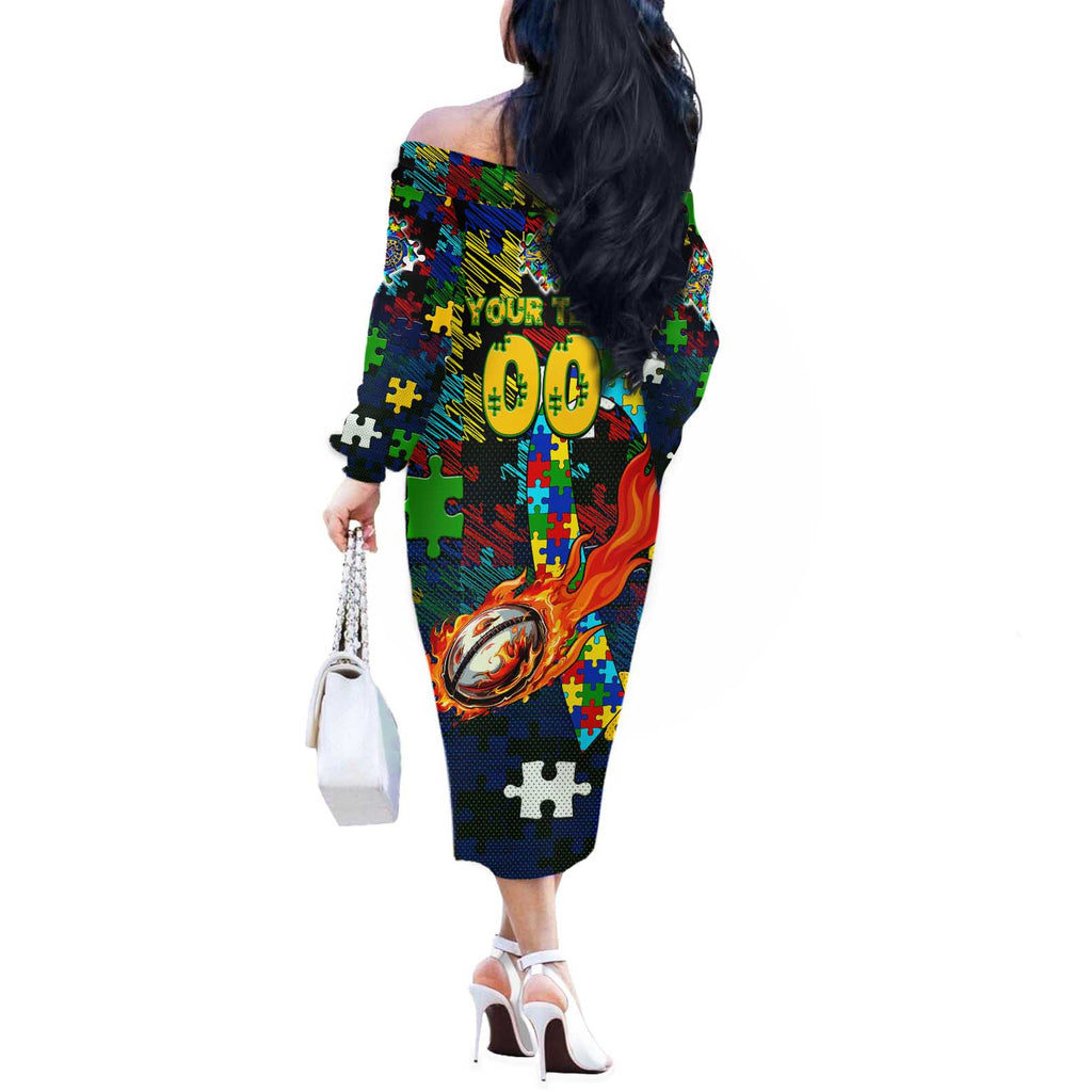 Eels Autism Awareness Off The Shoulder Long Sleeve Dress Puzzle Flames Rugby Ball