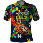 Eels Autism Awareness Polo Shirt Puzzle Flames Rugby Ball