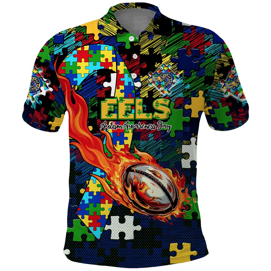 Eels Autism Awareness Polo Shirt Puzzle Flames Rugby Ball