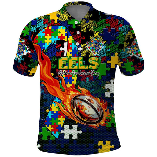 Eels Autism Awareness Polo Shirt Puzzle Flames Rugby Ball