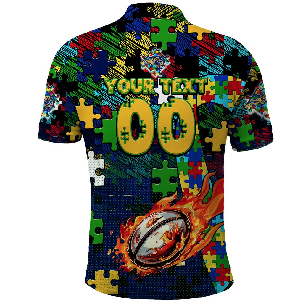 Eels Autism Awareness Polo Shirt Puzzle Flames Rugby Ball