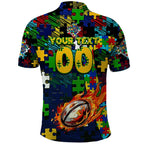 Eels Autism Awareness Polo Shirt Puzzle Flames Rugby Ball