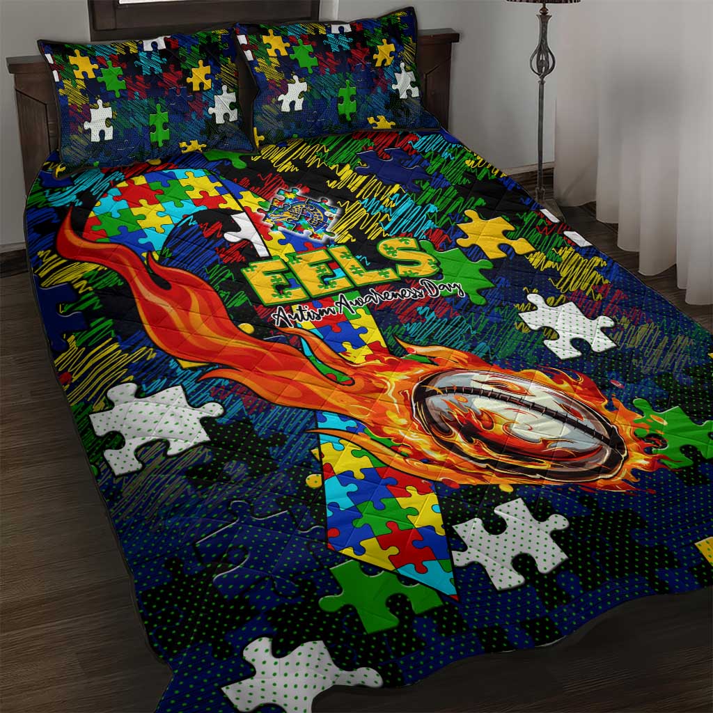Eels Autism Awareness Quilt Bed Set Puzzle Flames Rugby Ball