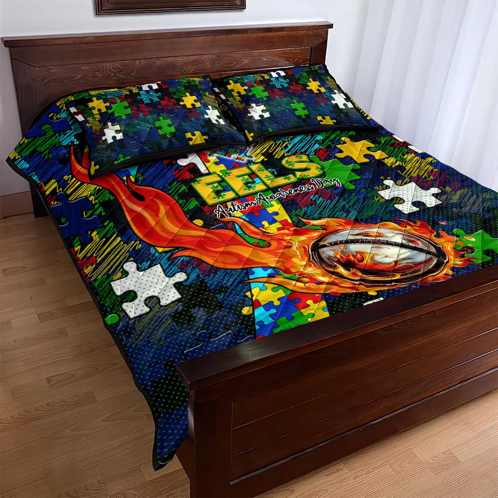 Eels Autism Awareness Quilt Bed Set Puzzle Flames Rugby Ball