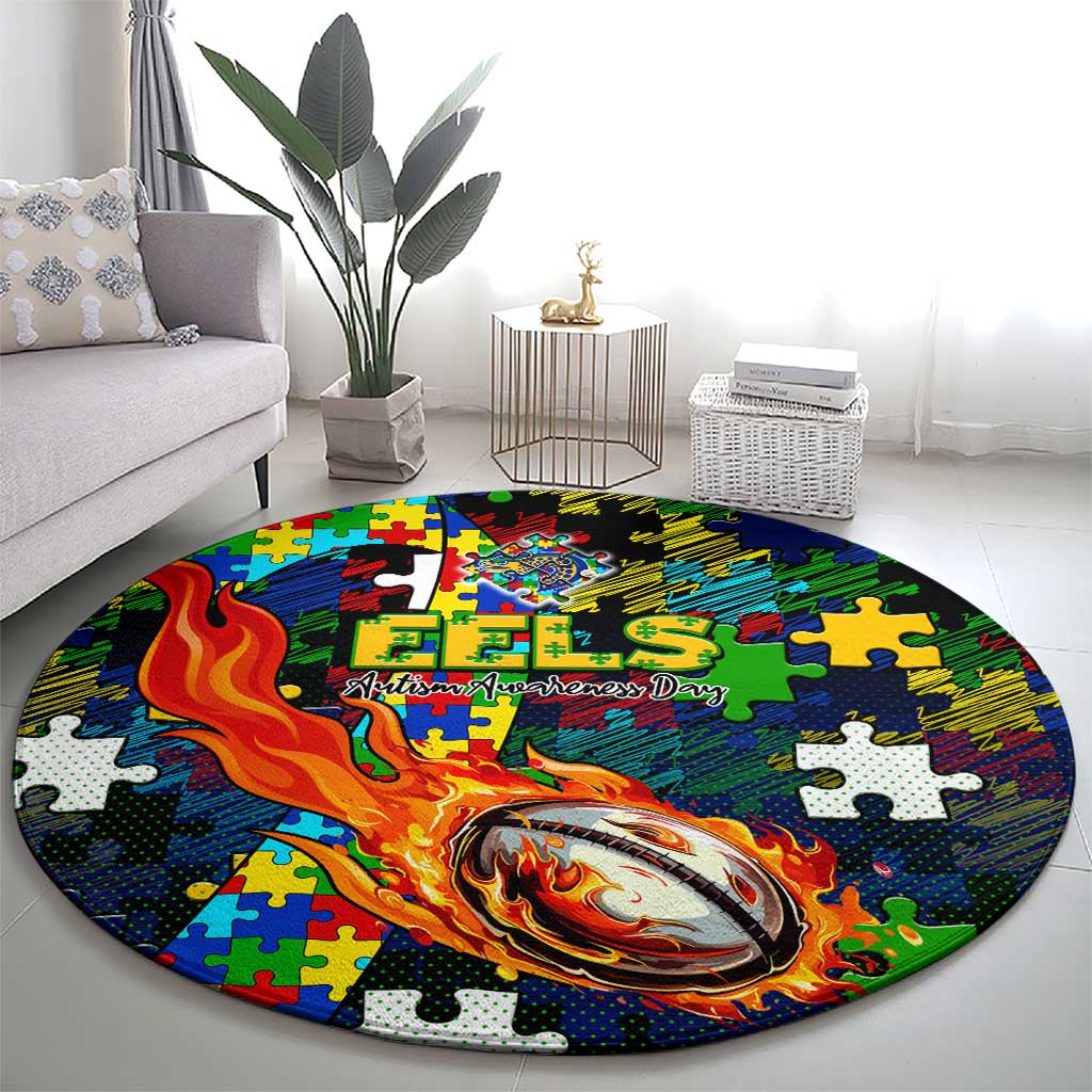 Eels Autism Awareness Round Carpet Puzzle Flames Rugby Ball