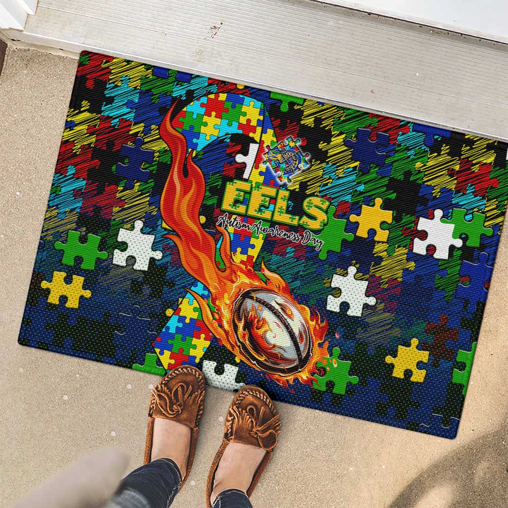 Eels Autism Awareness Rubber Doormat Puzzle Flames Rugby Ball