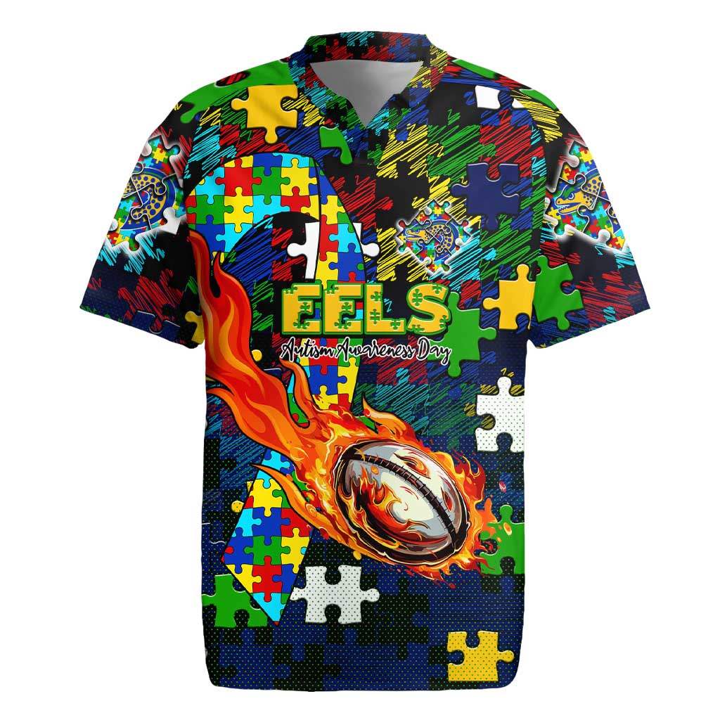 Eels Autism Awareness Rugby Jersey Puzzle Flames Rugby Ball