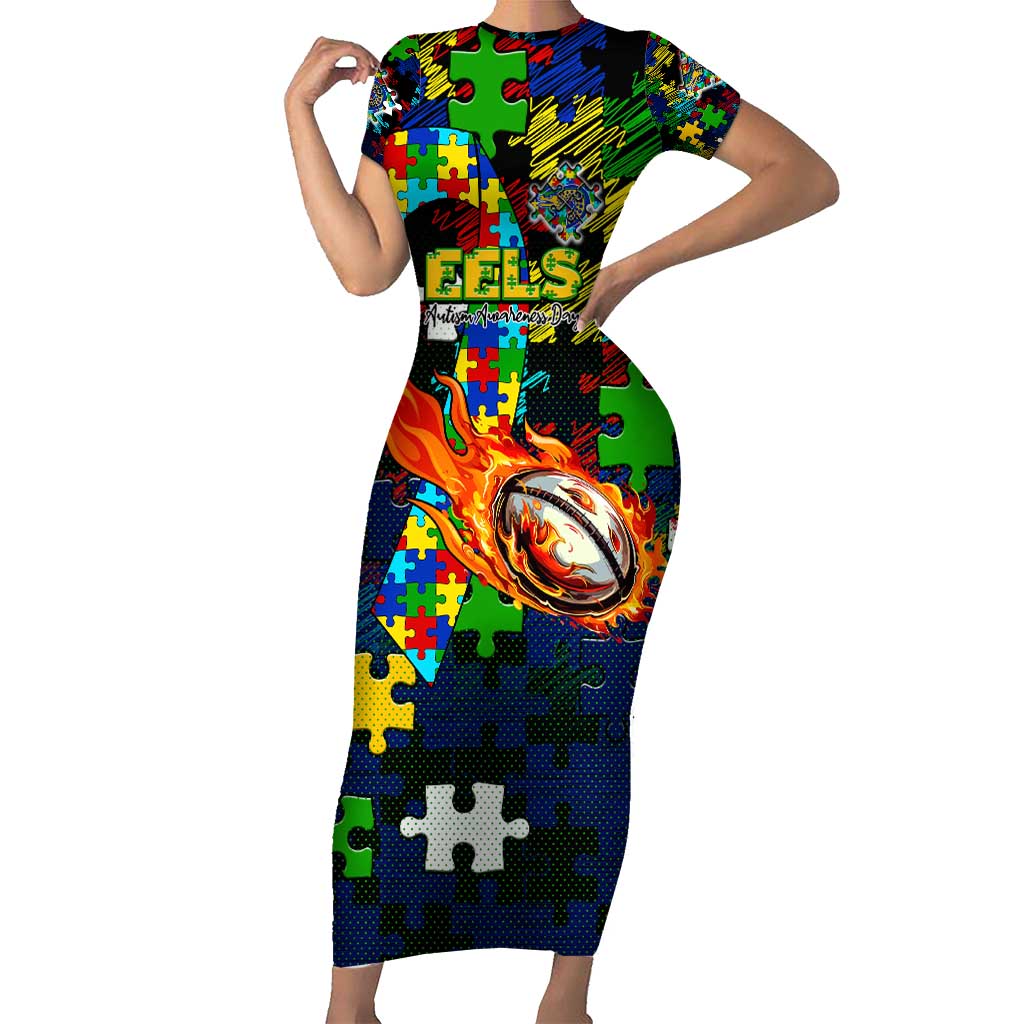 Eels Autism Awareness Short Sleeve Bodycon Dress Puzzle Flames Rugby Ball