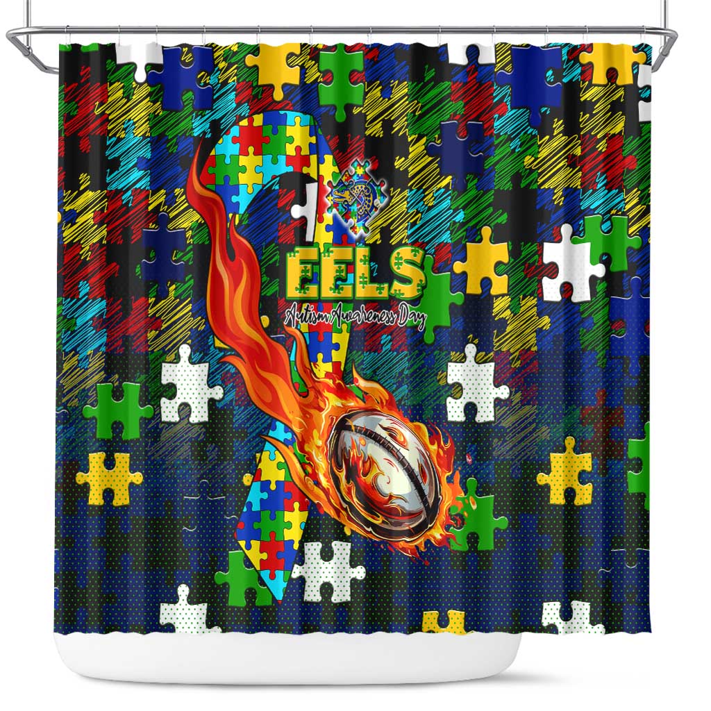 Eels Autism Awareness Shower Curtain Puzzle Flames Rugby Ball