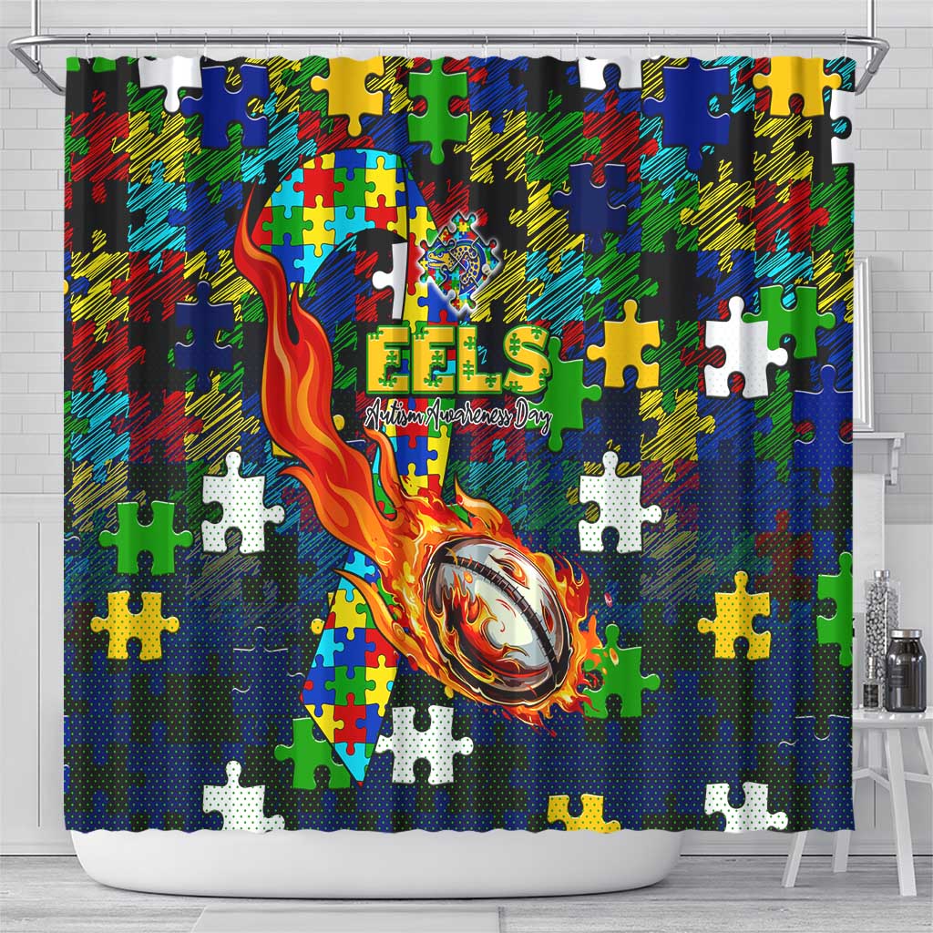 Eels Autism Awareness Shower Curtain Puzzle Flames Rugby Ball