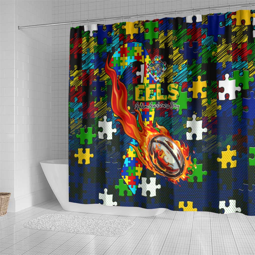 Eels Autism Awareness Shower Curtain Puzzle Flames Rugby Ball