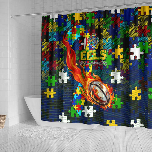 Eels Autism Awareness Shower Curtain Puzzle Flames Rugby Ball