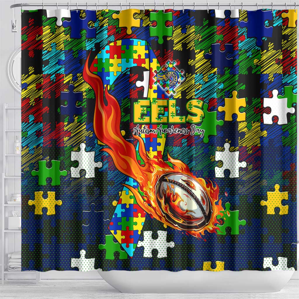 Eels Autism Awareness Shower Curtain Puzzle Flames Rugby Ball