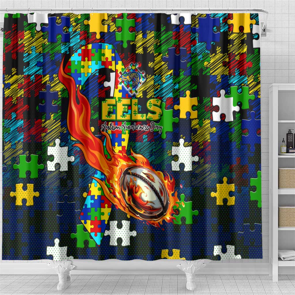 Eels Autism Awareness Shower Curtain Puzzle Flames Rugby Ball