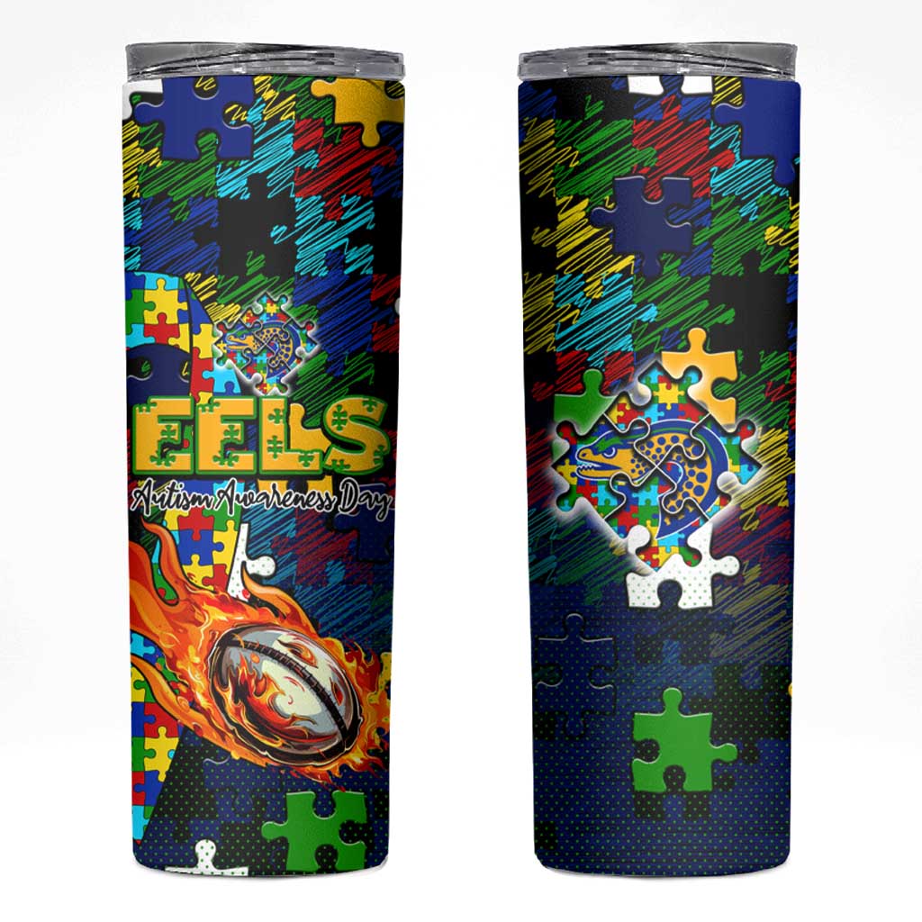 Eels Autism Awareness Skinny Tumbler Puzzle Flames Rugby Ball