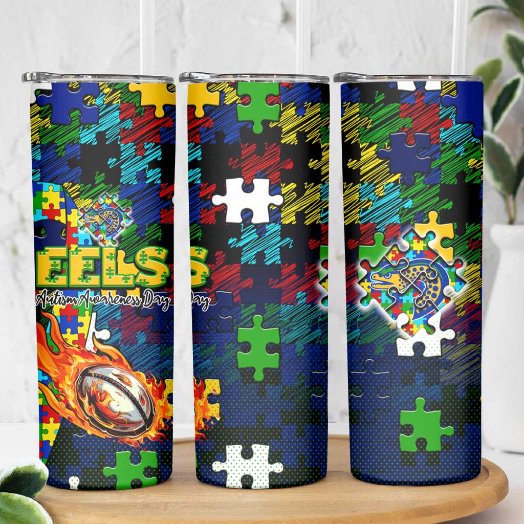 Eels Autism Awareness Skinny Tumbler Puzzle Flames Rugby Ball