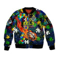 Eels Autism Awareness Sleeve Zip Bomber Jacket Puzzle Flames Rugby Ball
