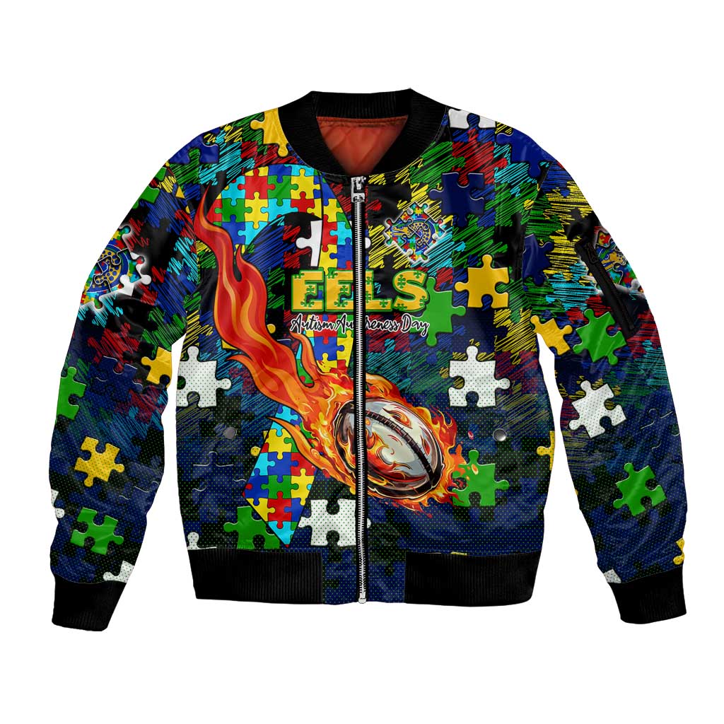 Eels Autism Awareness Sleeve Zip Bomber Jacket Puzzle Flames Rugby Ball