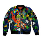 Eels Autism Awareness Sleeve Zip Bomber Jacket Puzzle Flames Rugby Ball