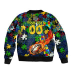 Eels Autism Awareness Sleeve Zip Bomber Jacket Puzzle Flames Rugby Ball