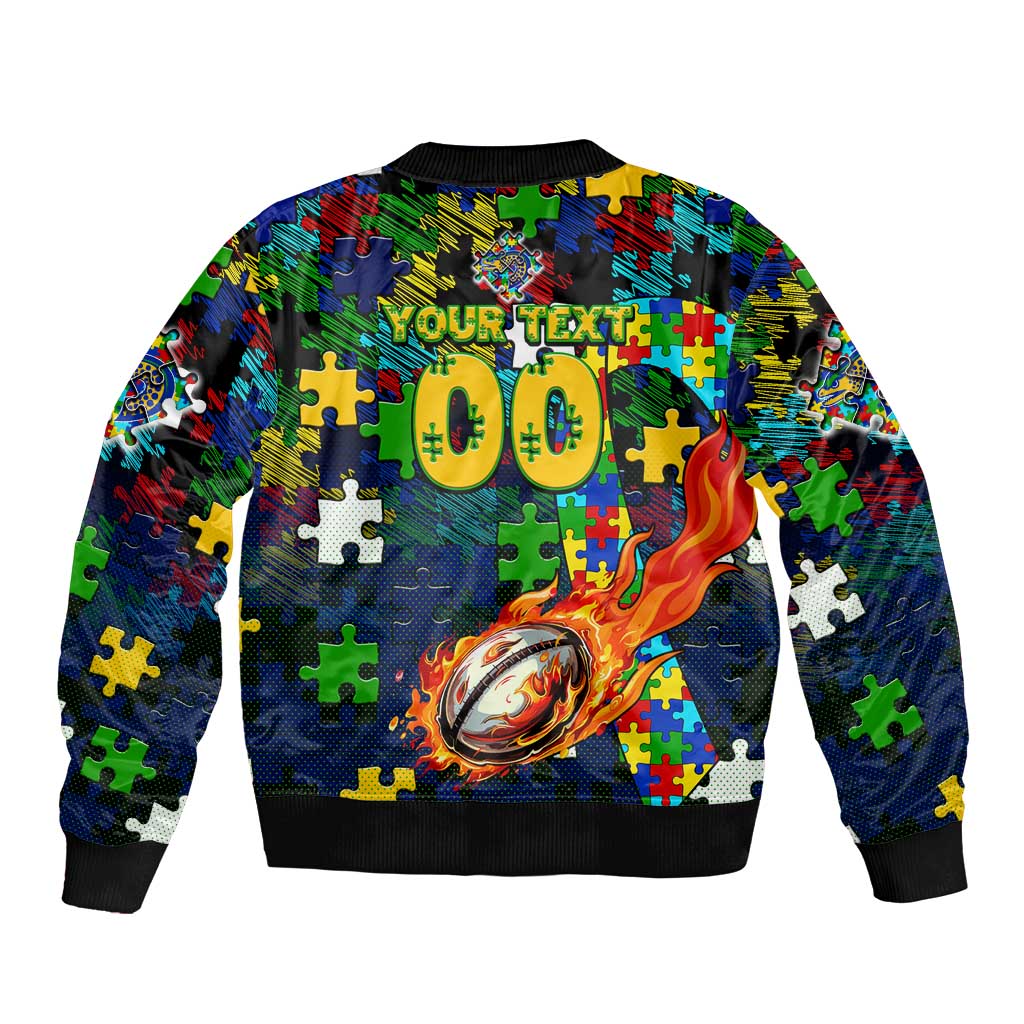 Eels Autism Awareness Sleeve Zip Bomber Jacket Puzzle Flames Rugby Ball