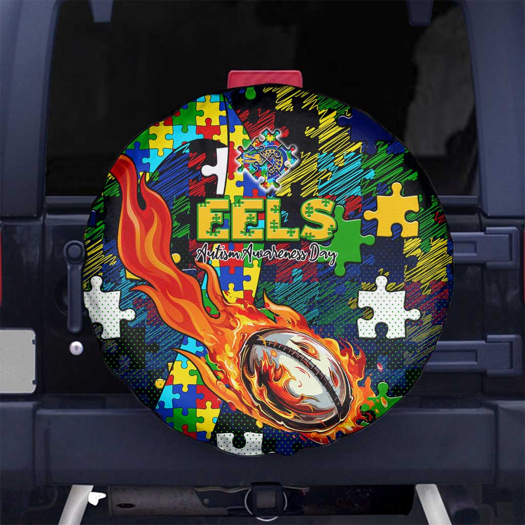 Eels Autism Awareness Spare Tire Cover Puzzle Flames Rugby Ball