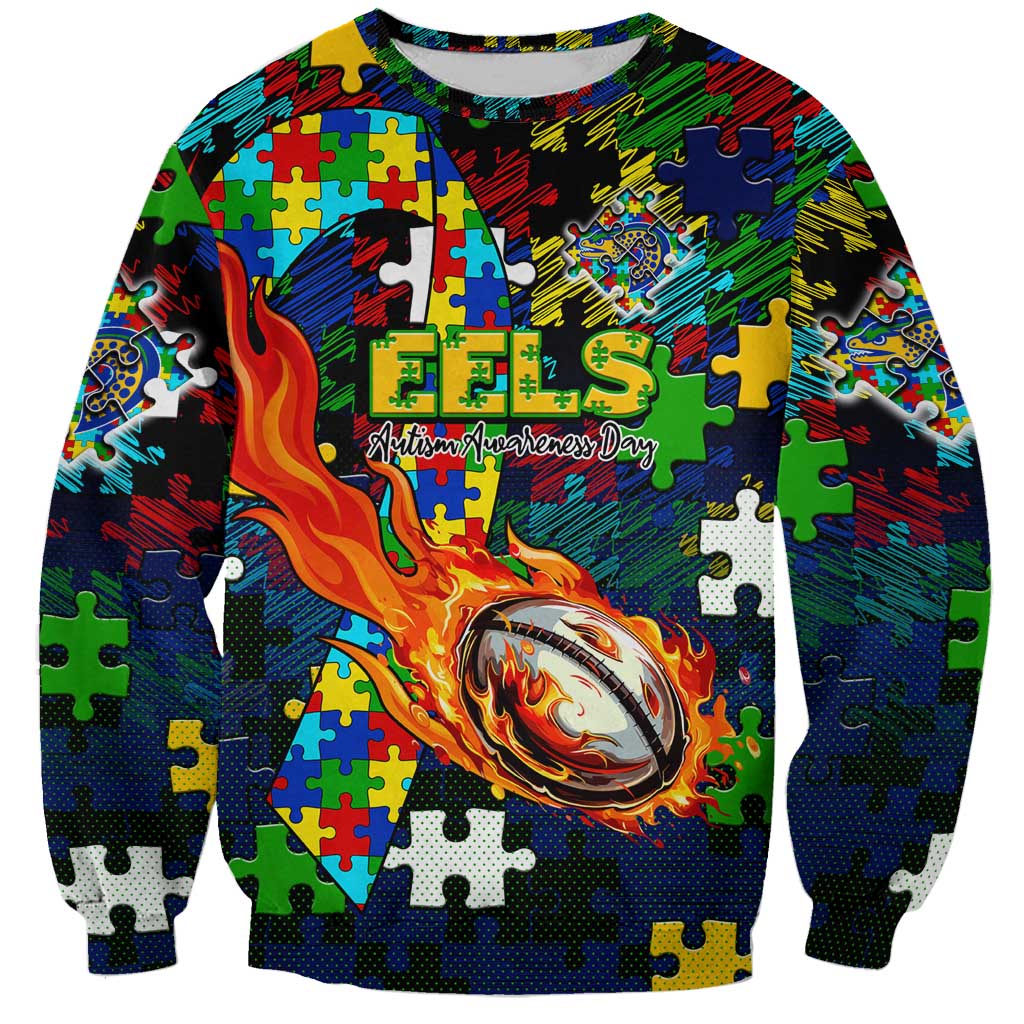 Eels Autism Awareness Sweatshirt Puzzle Flames Rugby Ball