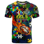 Eels Autism Awareness T Shirt Puzzle Flames Rugby Ball