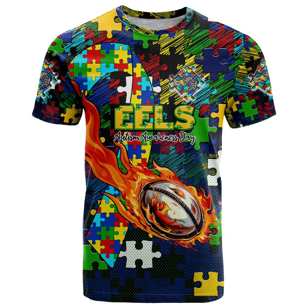 Eels Autism Awareness T Shirt Puzzle Flames Rugby Ball