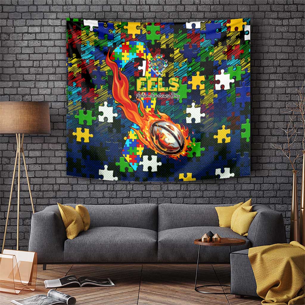 Eels Autism Awareness Tapestry Puzzle Flames Rugby Ball