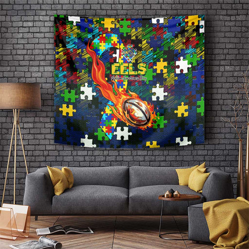 Eels Autism Awareness Tapestry Puzzle Flames Rugby Ball